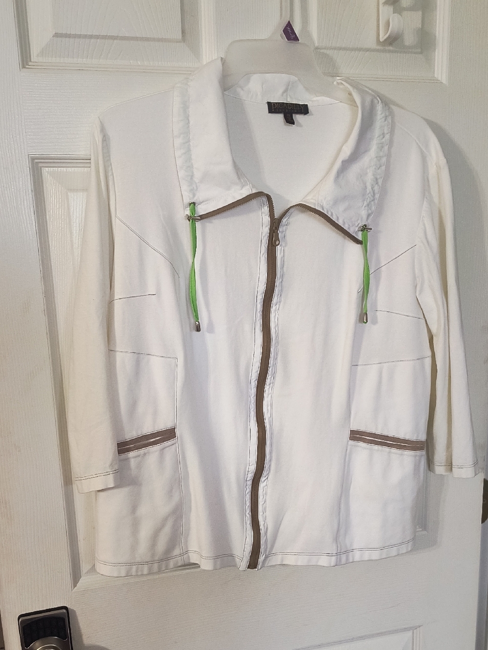 Picadilly Fashion White Utility Zip Jacket with Brown Trim and Green Drawcords